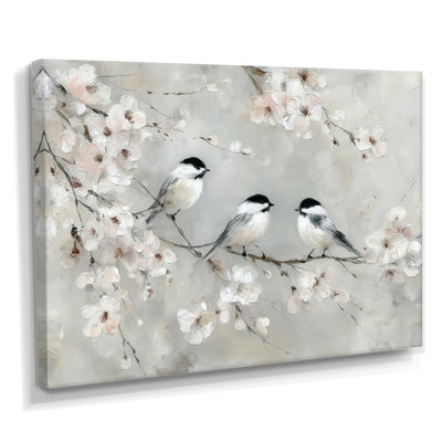 Lovebirds Singing On Cherry Blossom Branch - Floral Bird Canvas Wall Art, Black Botanical Framed Wall Art