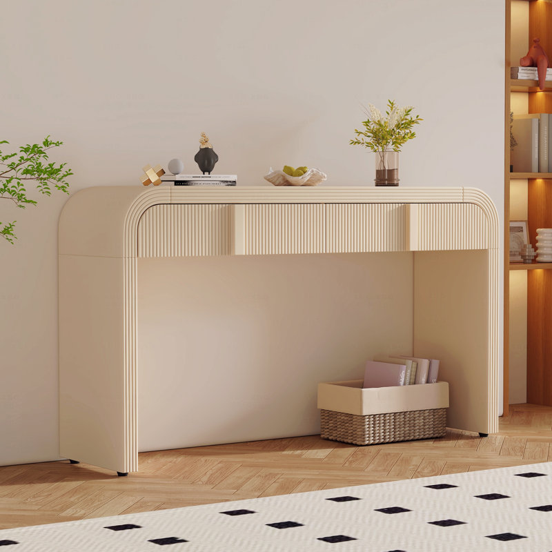 Console moderne avec 2 tiroirs de rangement, table d'entrée cannelée à silhouette arrondie, Blanc