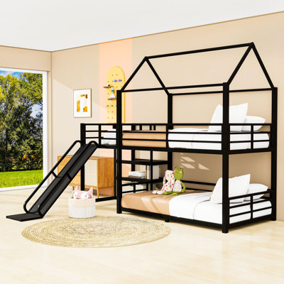Metal House Bunk Bed With Slide, Storage Stairs And Safety Rails