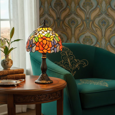 Andrea Tiffany-inspired Table Lamp With Glass Mosaic – 15" Art Nouveau Stained Glass Bedside Lamp With Floral Pattern And Bronze-finished Base