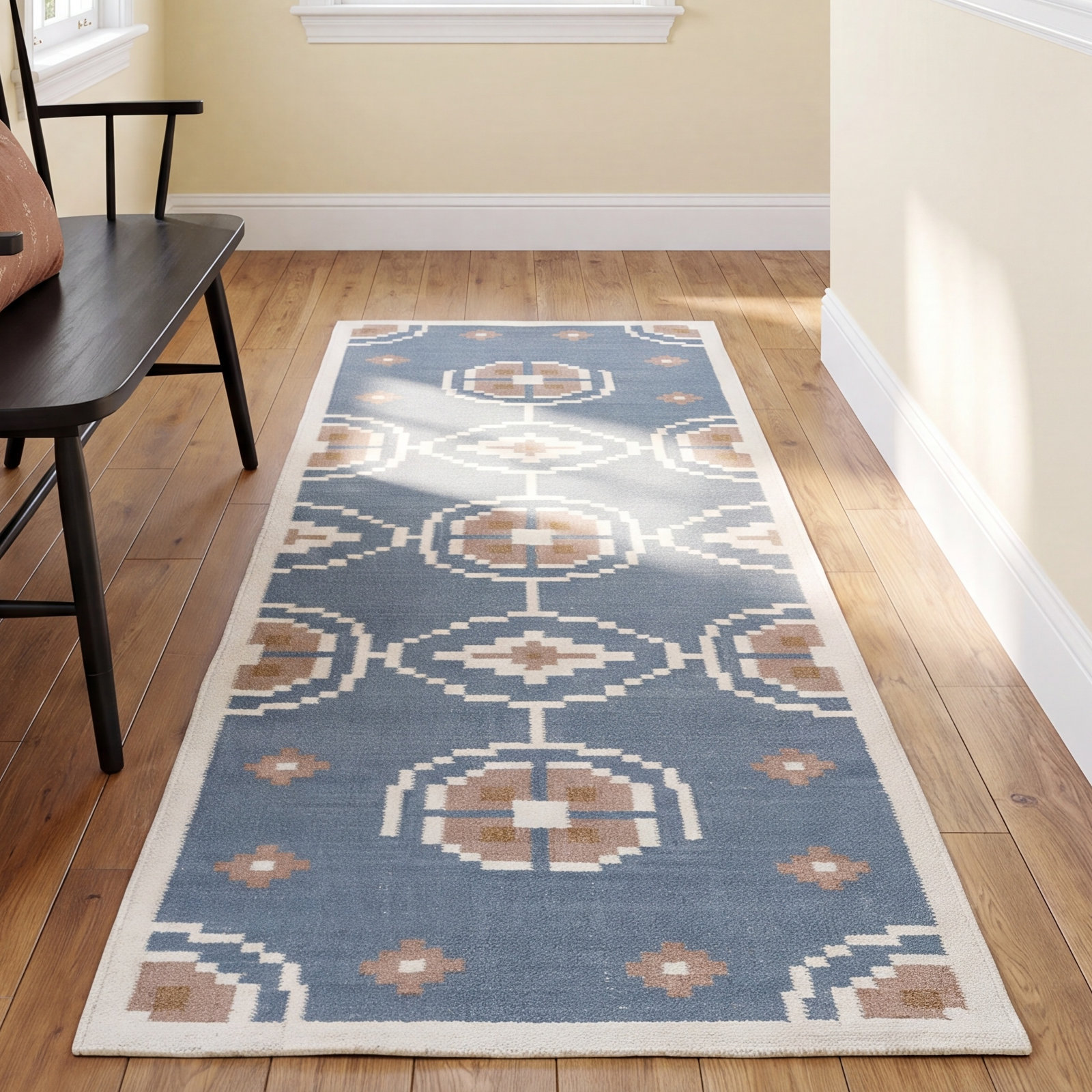 Heidi Flatweave Geometric Wool Rug, Blue, 2'6x8'