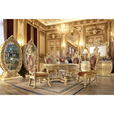 Metallic Gold Hand-Carved Round Dining Table with Ornate Pedestal Base