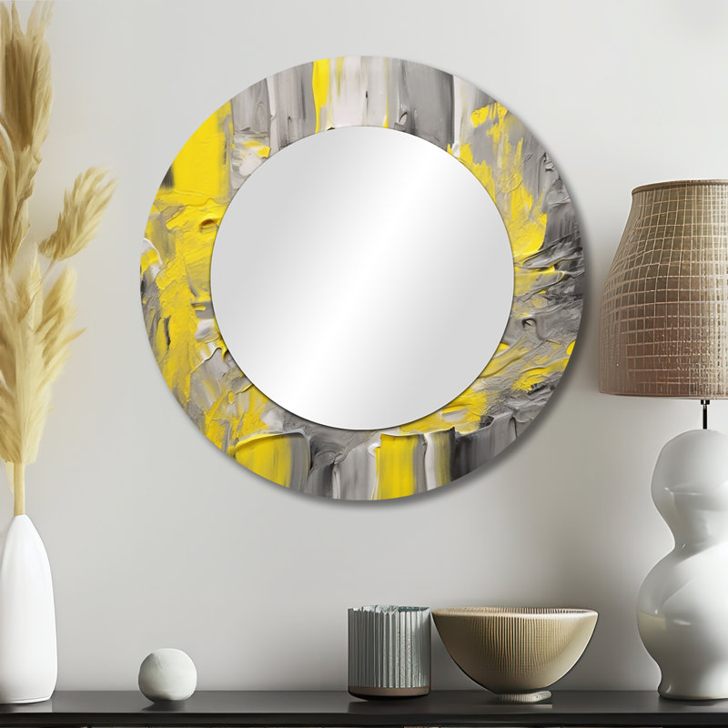 Mustard Yellow And Vivid Gray IV - Abstract Mirror, Modern Round Decorative Wall Mirror, Printed Metal Art, 23" x 23"