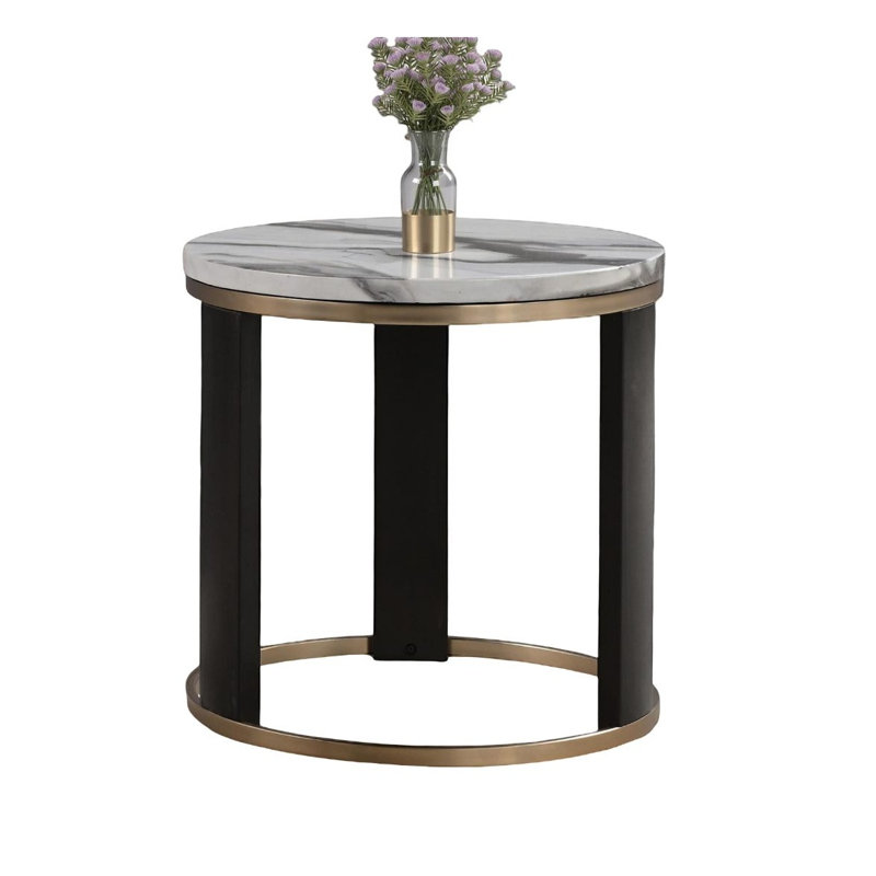 Table de bout ronde contemporaine avec plateau en marbre et anneau doré