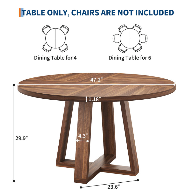 47 Inch Round Dining Table for 4-6 People, Round Kitchen Table with Sturdy Cross-Shaped Base & Adjustable Foot Pads, Circle Dining Table for Kitchen, Dining Room(Table Only), Walnut