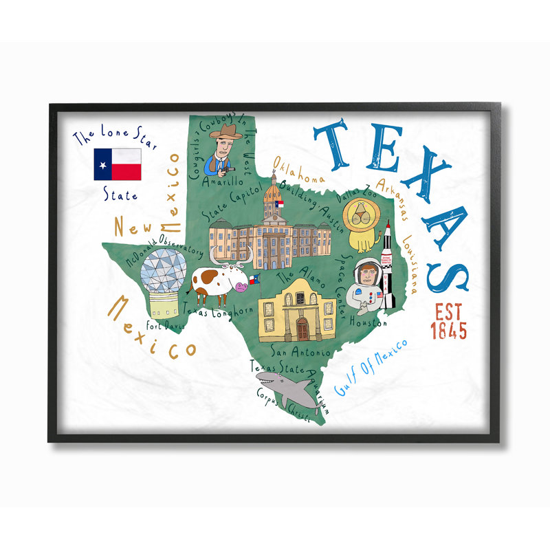 Décoration murale pour enfants illustrée par Schmier, Texas, H 24 po x l 30 po x P 1,5 po, Giclée encadrée noir minuit