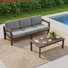Ensemble de patio extérieur en bois massif pour trois personnes avec coussins et table basse