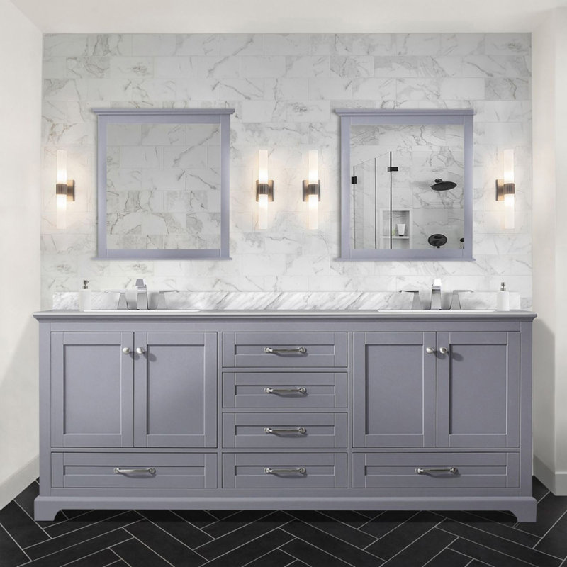 Meuble-lavabo double gris foncé 80 po X P 22 po D, dessus en marbre de Carrare et ensemble de robinet, Gris foncé