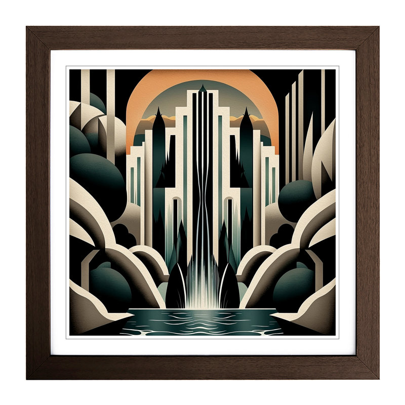 Waterfall Art Deco - Single Picture Frame Print on Wood, Walnut
