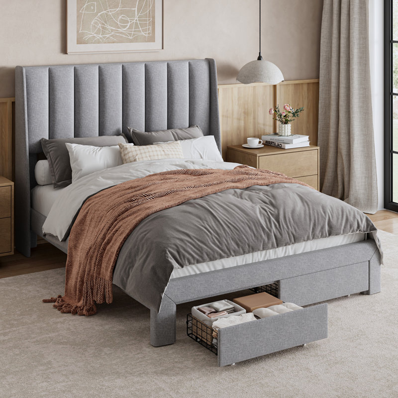 Lit plateforme tapissier en lin avec 2 tiroirs, cadre de lit avec rangement et tête de lit capitonnée, Double