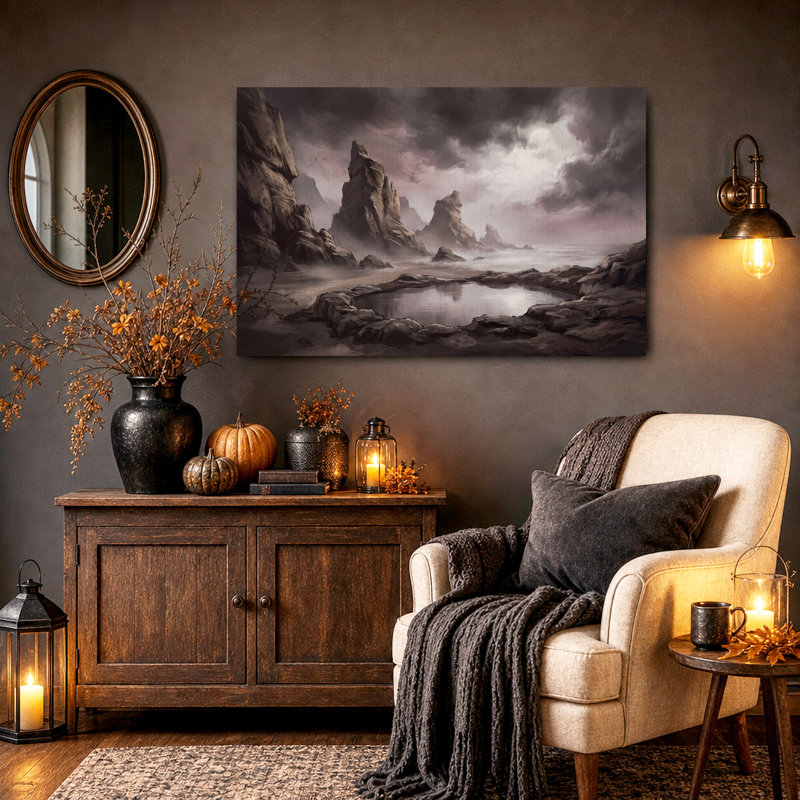 Tableau sur toile d'Halloween représentant un rivage rocheux brumeux sous un ciel violet, H 28 po x l 40 po