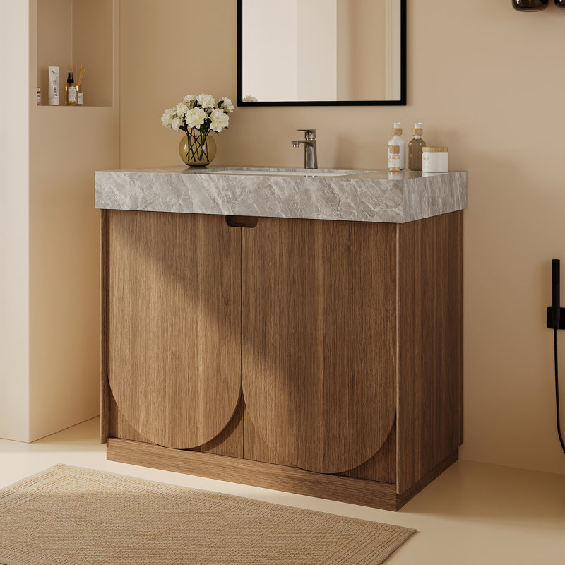 Meuble-lavabo simple 36 po avec lavabo encastré en céramique, comptoir en pierre frittée en marbre gris, armoire en bois brun avec portes incurvées sculptées, charnières à fermeture en douceur