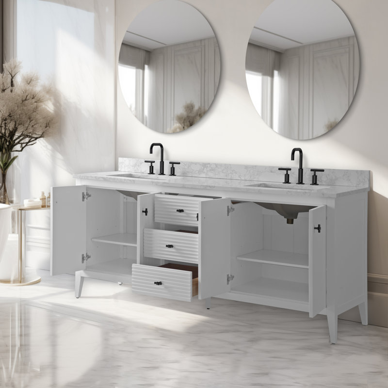 Ensemble de meuble-lavabo autoportant à double cuve 72 po avec plateau en marbre Lavallon, Blanc linéaire, Noir mat