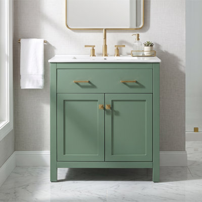 Meuble-lavabo autoportant de 30 po en vert avec plateau en céramique, portes à fermeture en douceur, assemblage facile
