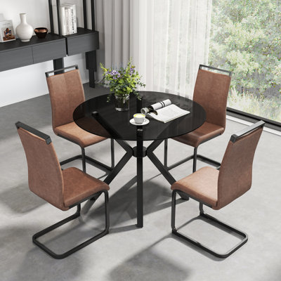 Modern Round Glass Dining Table Set with 4/6 PU Upholstered Chairs, Silver/Black/Gold Chrome Legs for Dining, Kitchen