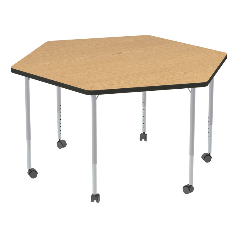 Structure Series Adjustable Height Mobile Hexagon Activity Table with Casters, Maple, Black/Silver