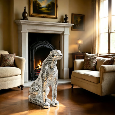 31.25" Silver Sitting Panther Figurines & Sculptures with Mosaic Mirrored Finish , Accent Home Decor