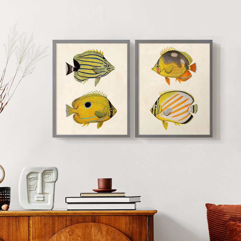 Poisson jaune et gris III - reproduction encadrée de qualité supérieure - prêt à être accroché - aucun clou requis - aucun clou requis