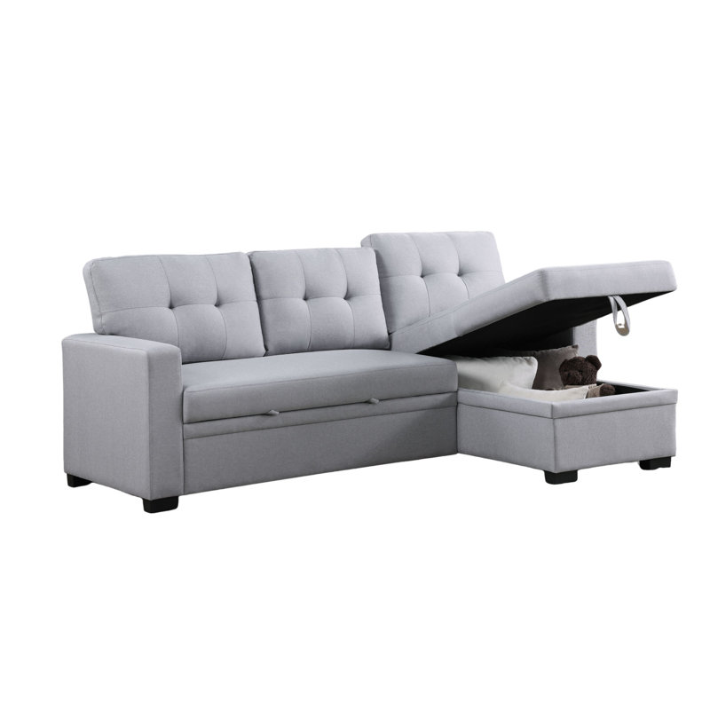 82" Modern Reversible Sleeper Sectional Pull Out Sofa Bed With Storage Chaise, Light Gray