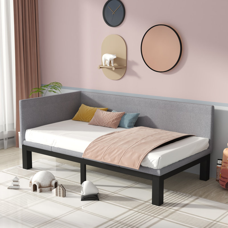 Lit de jour simple avec matelas Manisa, Cadre noir / tête de lit grise