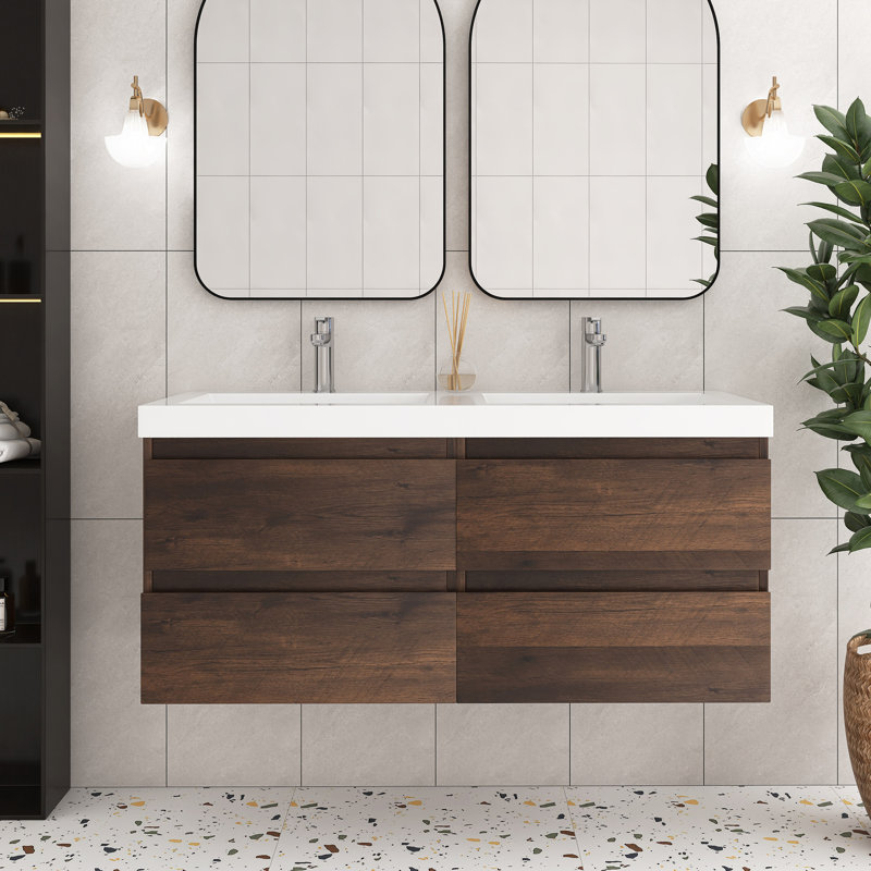 Ensemble de meuble-lavabo double 48 po en chêne avec plateau en résine intégré, Palissandre