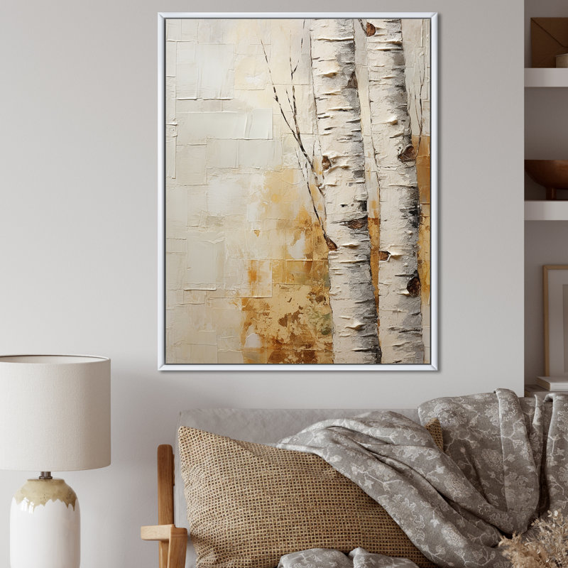 Arbre de minimalisme bouleau II sur toile, Cadre flottant blanc, H 40 po x l 30 po x P 1,5 po