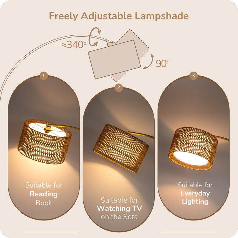 76'' Rattan Arched Dimmable Floor Lamp With Remote Control And Bulb Included, Gold/Matte Black