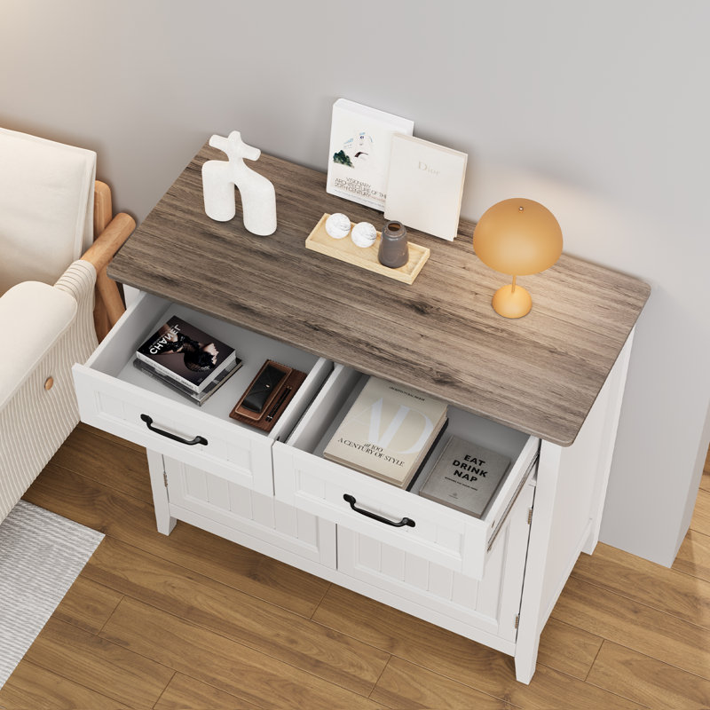 Buffet 32 po avec deux tiroirs et tablettes réglables pour la cuisine ou le salon, Gris / blanc