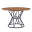Une table de salle à manger circulaire d'un diamètre de 47,3 pouces, comprenant 4 plateaux de table en bois aggloméré à grain de bois de noyer, des supports en métal en forme de sablier et une table de salle à manger de style industriel moderne pour 4 à 6 personnes.