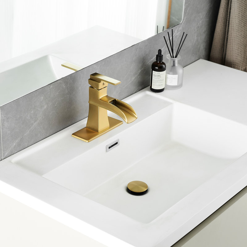 Brushed Gold Bathroom Tap With Deck Plate Waterfall, Pop Up Drain, Supply Lines, One Handle, Geometric Design Modern Waterfall Faucet Plate, Gold, Handle Look