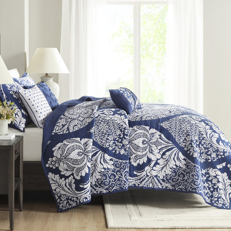 Literie très grand / très grand Indigo avec courtepointe réversible en coton et coussins 6 pièces