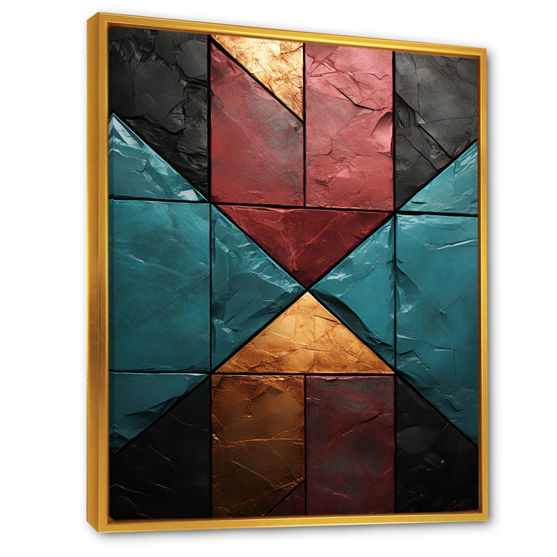 Carreaux de chevron bleu et rouge Elegance II - art mural abstrait, Cadre flottant doré, H 44 po x l 34 po x P 1,5 po