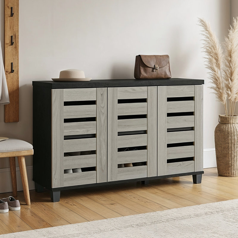 Lismore 16 Pair Shoe Storage Cabinet, Black Oak/Warm Gray Oak