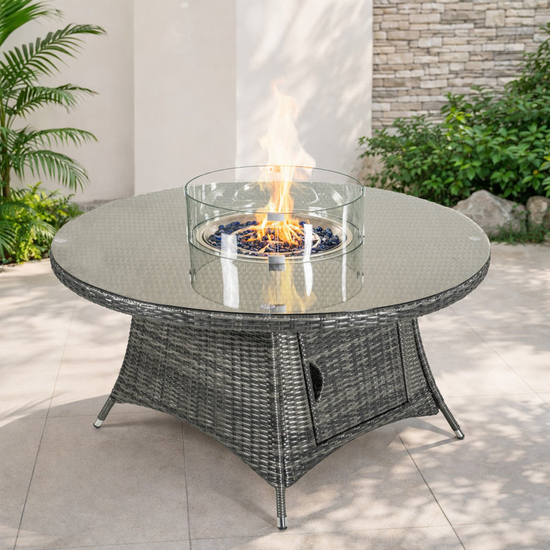 Areefa 28"H x 53"W Round Wicker Propane Fire Pit Table, Gray