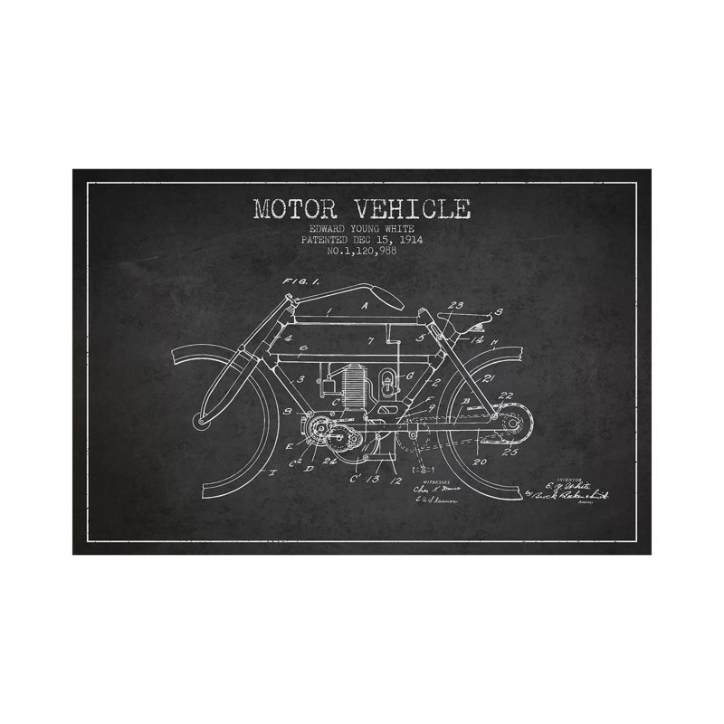 Edward Y. White Motor Vehicle Patent Sketch (Charcoal) 1 Piece Wrapped Canvas Wall Art, 66.04 cm H x 45.72 cm W x 3.175 cm D