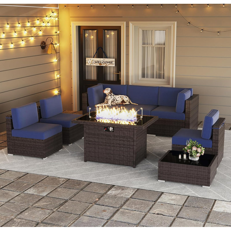 8 Piece Patio Furniture Set with 44" Propane Gas Fire Pit Table, Outdoor Sectional Conversation Set Wicker Rattan Sofa Set with Coffee Table