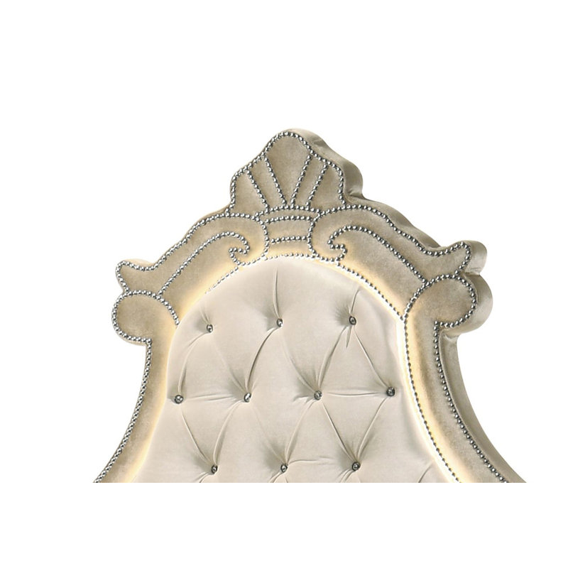 Beige Velvet Queen Bed with Tufted Headboard and LED
