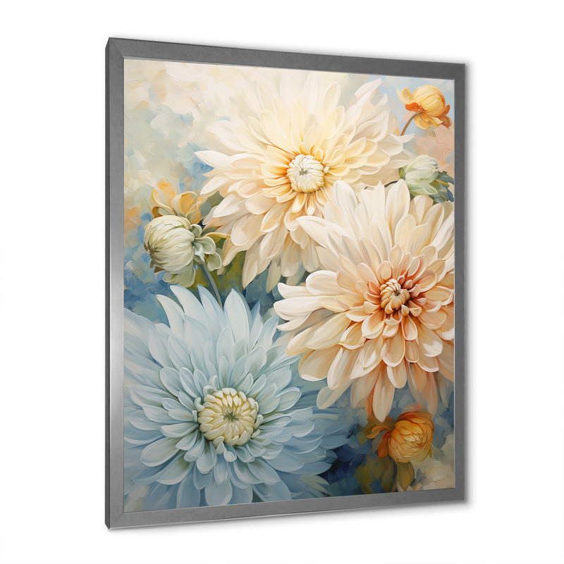 «Blooming White Mums» sur fond bleu I sur toile, H 32 po x l 24 po x P 1 po, Cadre simple argenté
