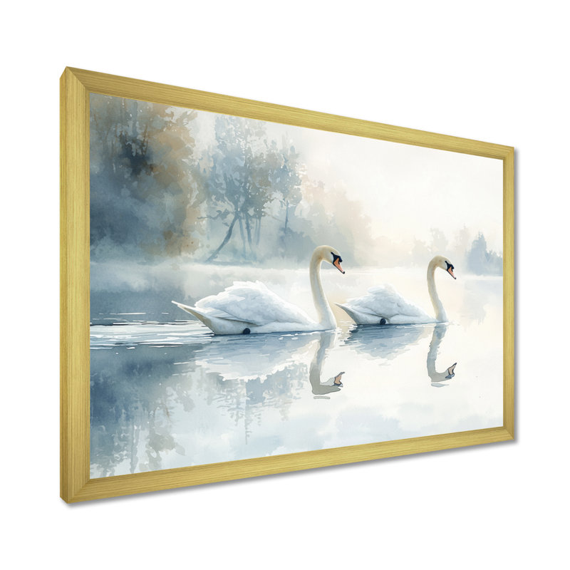 «Drizzt Tranquility Swans On The Lake III», art mural oiseau, H 12 po x l 20 po, Avec cadre, Doré