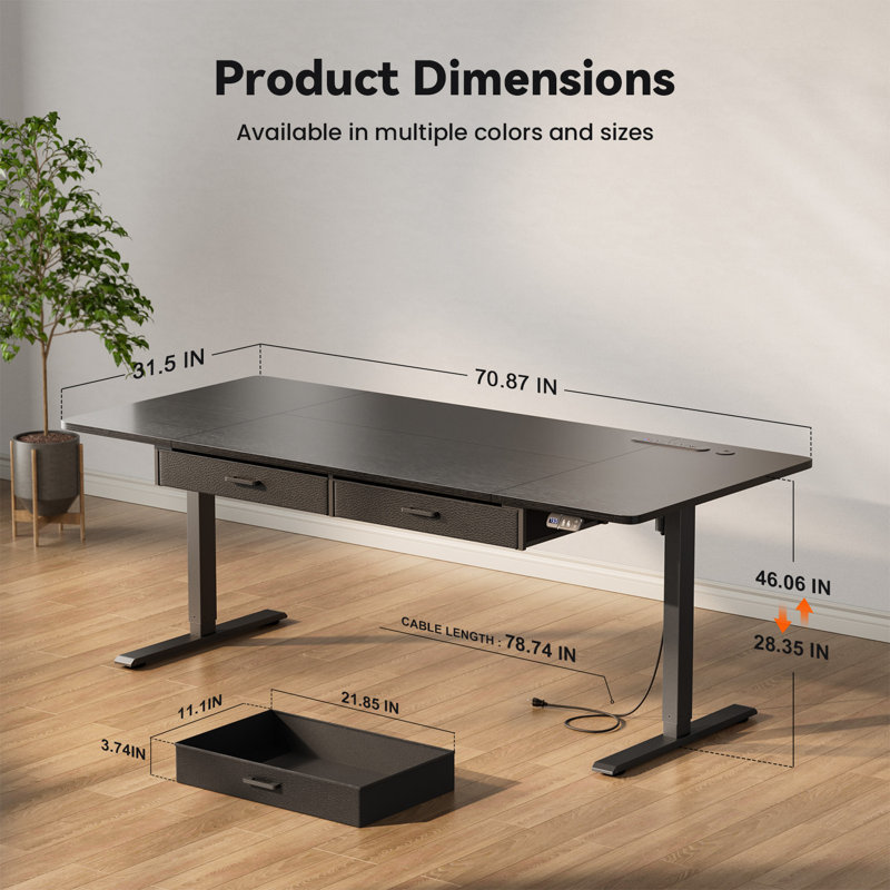 Bureau électrique debout avec prise de courant intégrée et tiroir de rangement, bureau d'ordinateur à hauteur réglable de 71 po x P 31,5 po avec 2 modes de mémoire, bureau assis-debout stable avec station de charge, poste de travail spacieux pour le bureau personnel