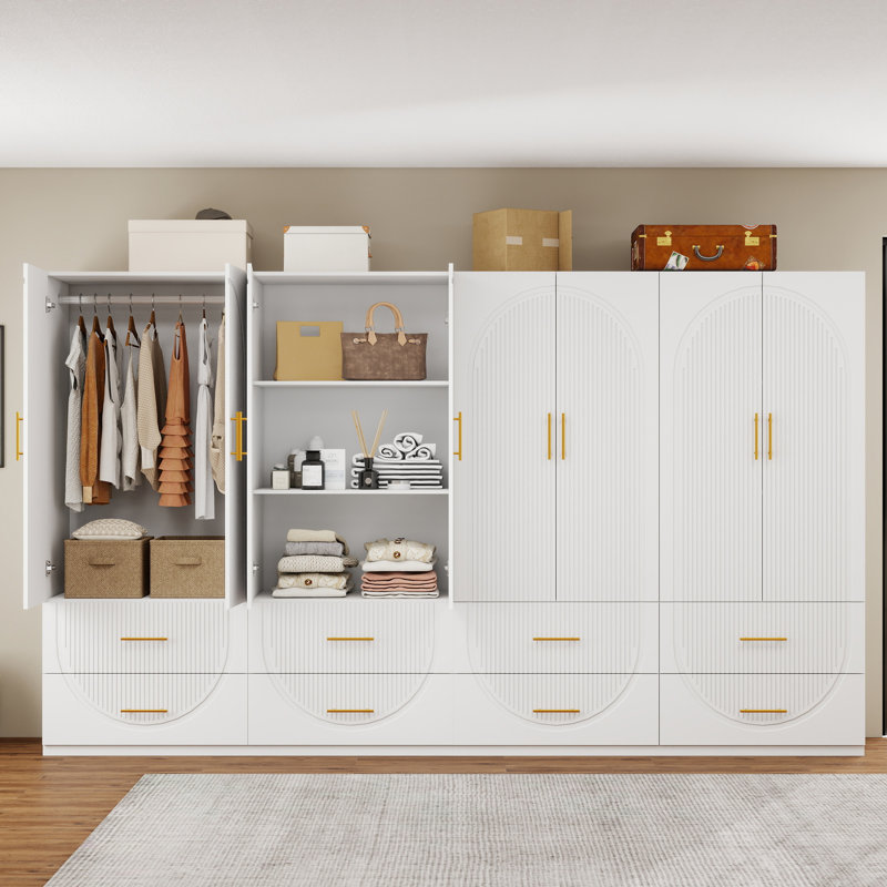 White Modern Style Bedroom Wardrobe - MDF Construction with 4 Drawers & Spacious Storage