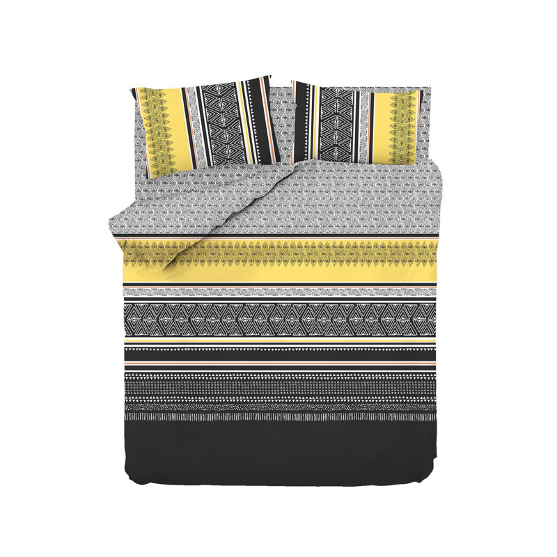 Ensemble de housse de courtepointe 100% coton de qualité supérieure Ranforce, jaune et noir / gris, housse de couette 78,7 po x 86,6 po, drap plat 94,5 po x 102,4 po, 2 taies d'oreiller 19,7 po x 27,6 po | Lavable à la machine, fermeture à boutons, doux et durable
