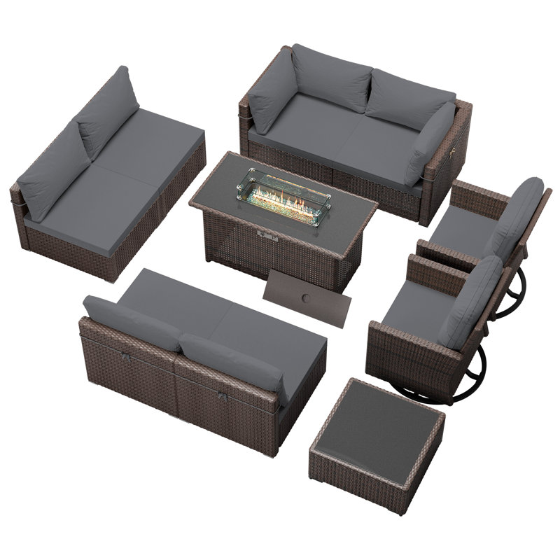 Ensemble de mobilier d'extérieur en osier 8 personnes avec foyer au propane et coussins, Brun, Gris foncé