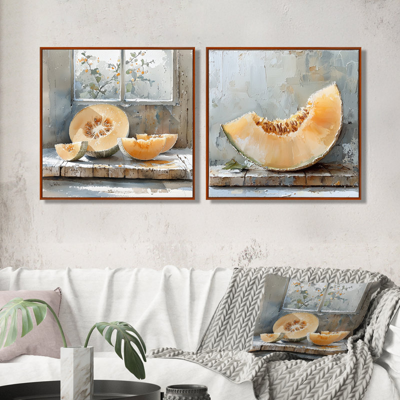 Melon dans les tons orange et gris I - Art mural Melon - Décoration murale traditionnelle 2 pièces, H 30 po x l 61 po, Brun