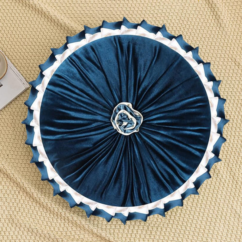 Ruffled Velvet Reversible Throw Pillow, Navy Blue, 14.9"H x 14.9"W