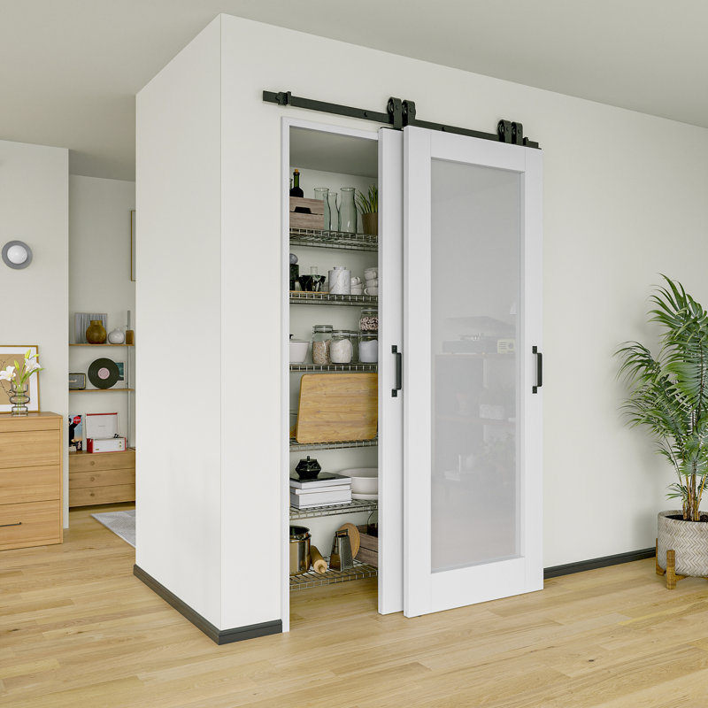 Porte de grange coulissante en verre givré 1-Lite 56 po x 96 po avec ensemble de quincaillerie d'installation / pas d'assemblage requis
