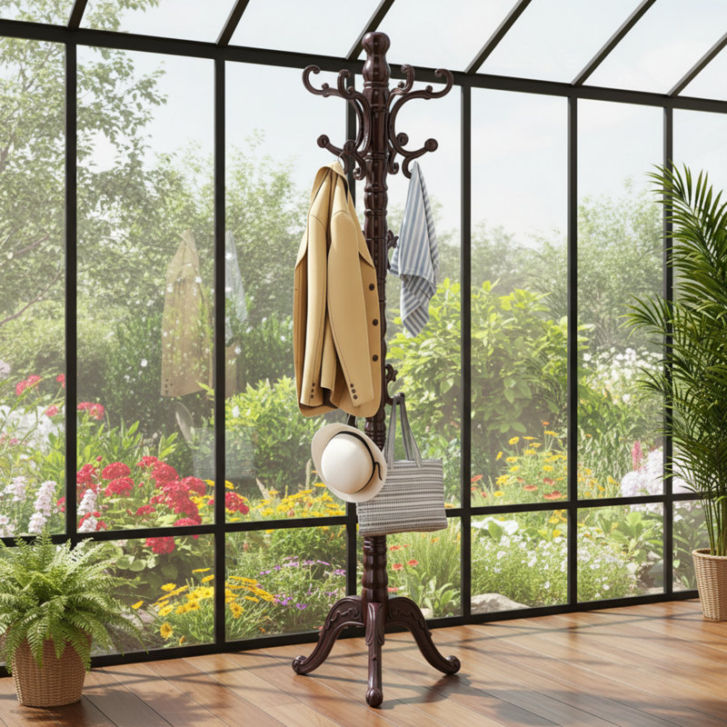 Vintage Birchwood Floor-Standing Coat Rack With A Stable Triangular Base And 14 Hooks. A Classic Design Suitable For Entryways Or Offices.