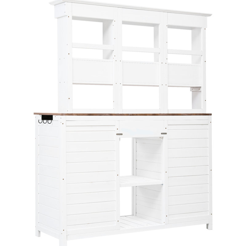 Garden Potting Desk With - 65.7'' H, White, 6 Drawers, 2 Cabinets, 3 Shelves & Hooks White Workbench Side, White