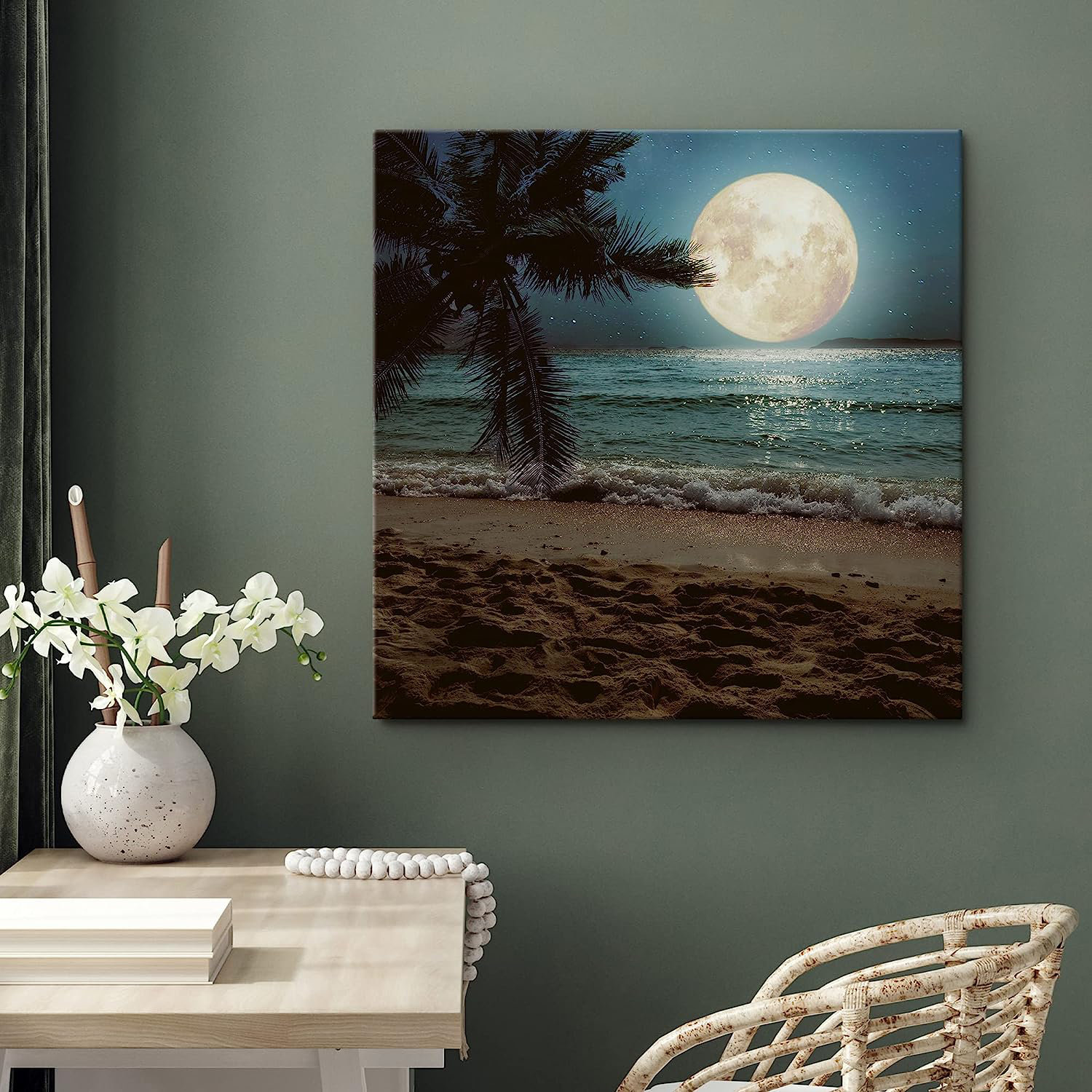 IDEA4WALL Shining Full Moon Harvest Moon Night Sky Tropical Ocean Beach  Shore On Canvas Print
