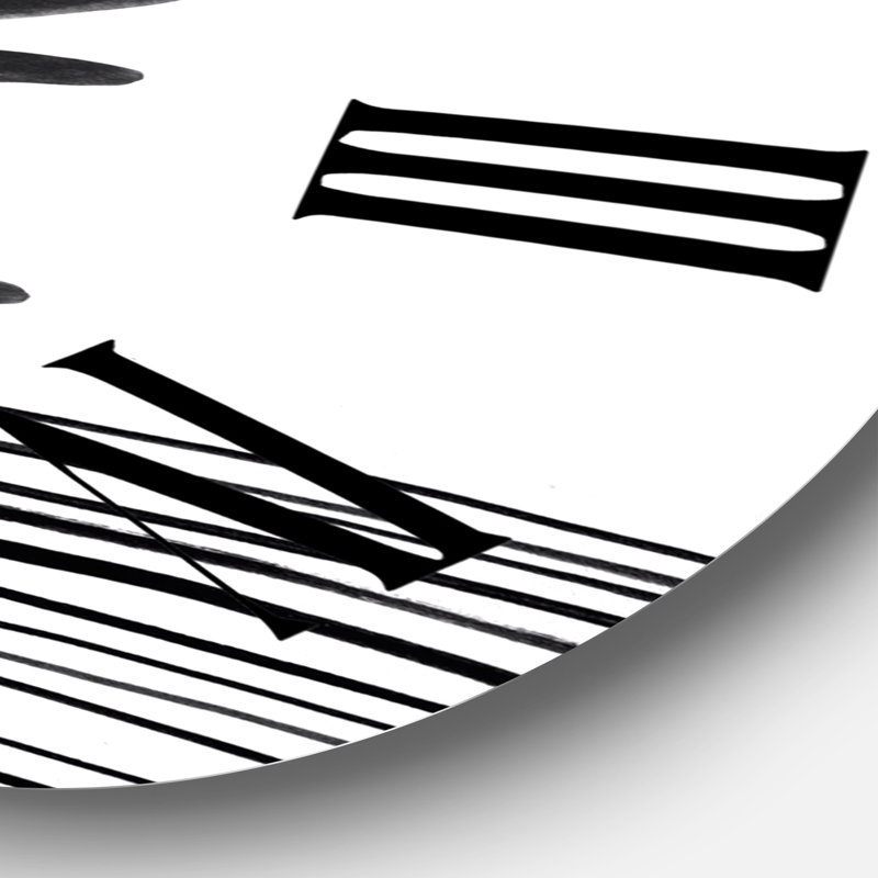 Feuille tropicale noire et blanche sur fond rayé II - horloge murale moderne, Grand